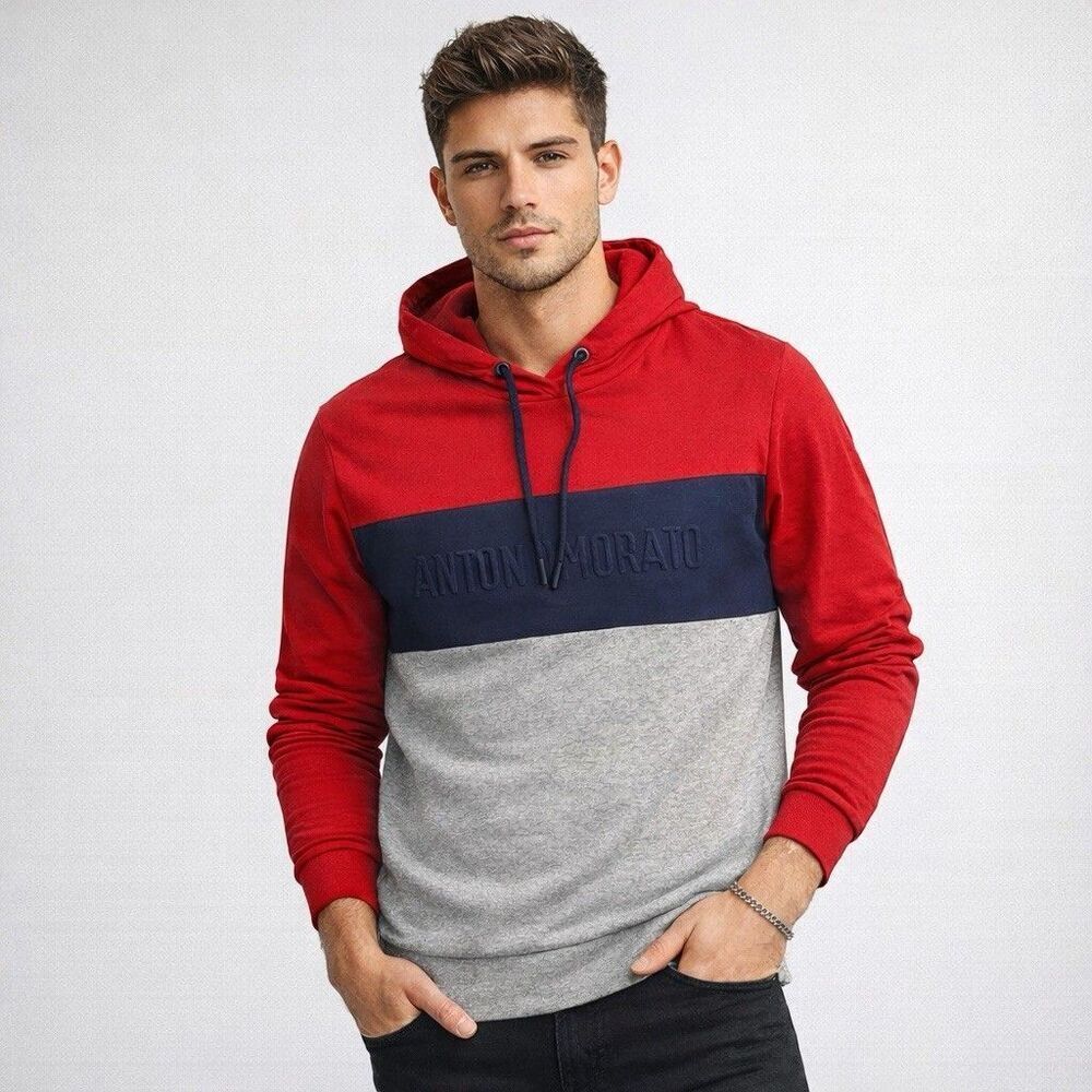 Antony Morato Hoodie Men L Red Gray Colorblock Logo Pullover Lightweight